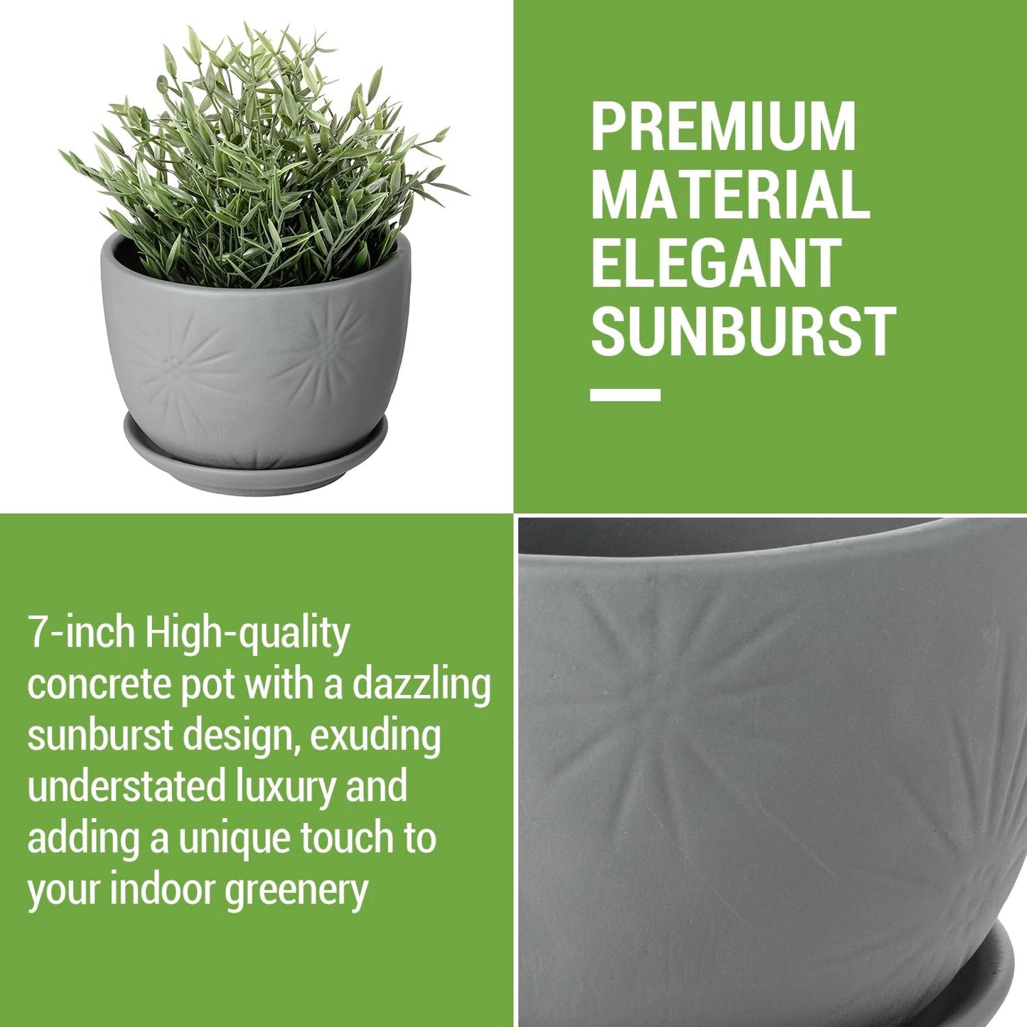 MyGift 7 Inch Grey Ceramic Plant Pot with Drainage Hole and Attached Saucer, Modern Decorative Embossed Sunburst Planter Container for Indoor Home Garden