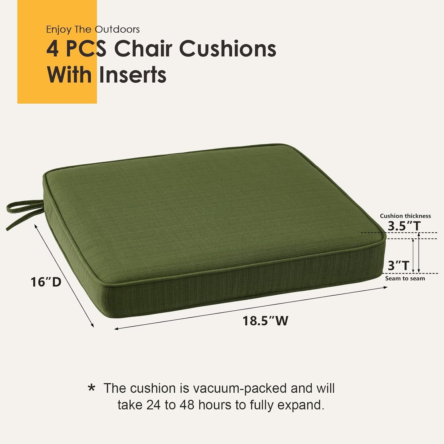 Outdoor Square Corner Seat Cushion, 18.5"x16"x3", Set of 4, Non Slip Seat Cushion Pads with Removable Cover for Patio Furniture, Garden Yard Lawn, Deep Forest Green