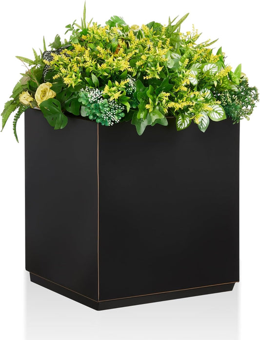 Metallic Heavy Cube Planter Box, No Assembly Required, Seamless Large Black Outdoor Planter 17”Lx17”Wx20”H 24Pounds Black with Hand Brushed Gold Rim