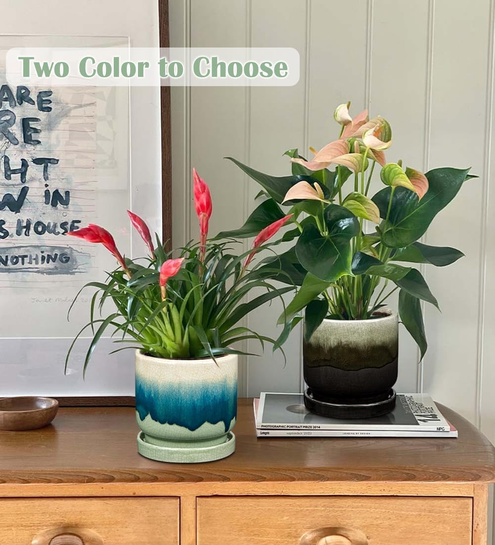 Oairse Ceramic Pot for Plants 5.5 inch Pots for Plants Small Planter Pot with Drainage Hole and Saucers Gradient Dark Teal Outdoor Inoor Flower Pots for Succulent, Cactus, Snake Plant, Herb