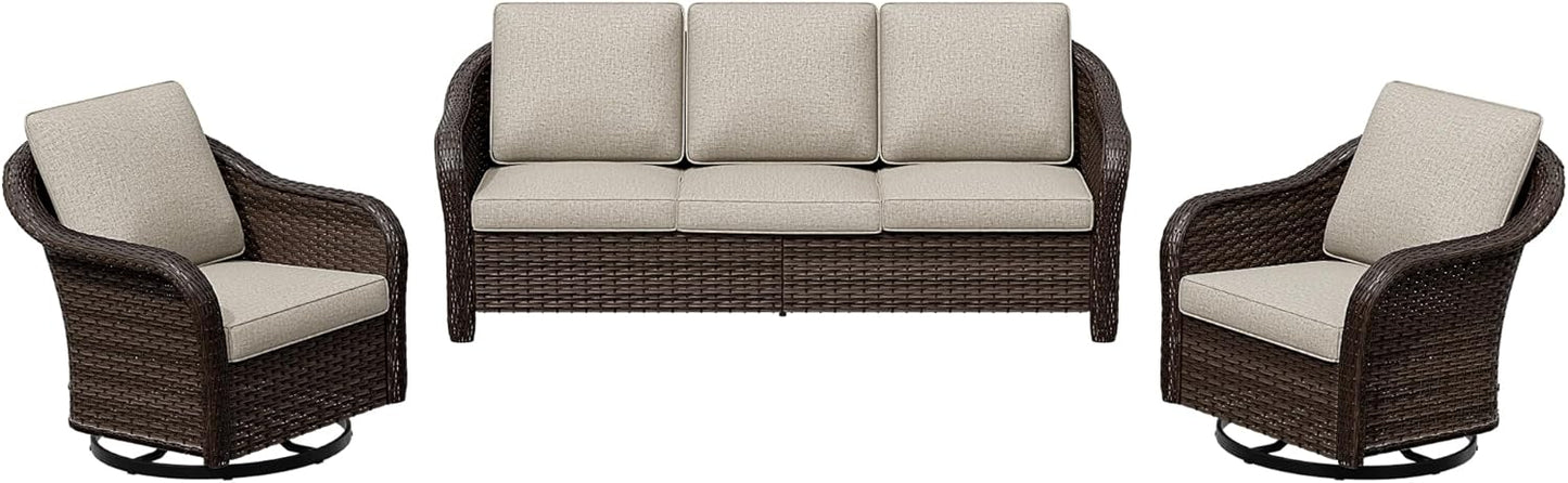 3 Pieces Patio Conversation Set, 78" Wicker 2-Seat Couch with Washable Cushions, Wicker 360 Degree Swivel Glider Rocker Chairs, Sofa for Garden, Lawn (Beige)