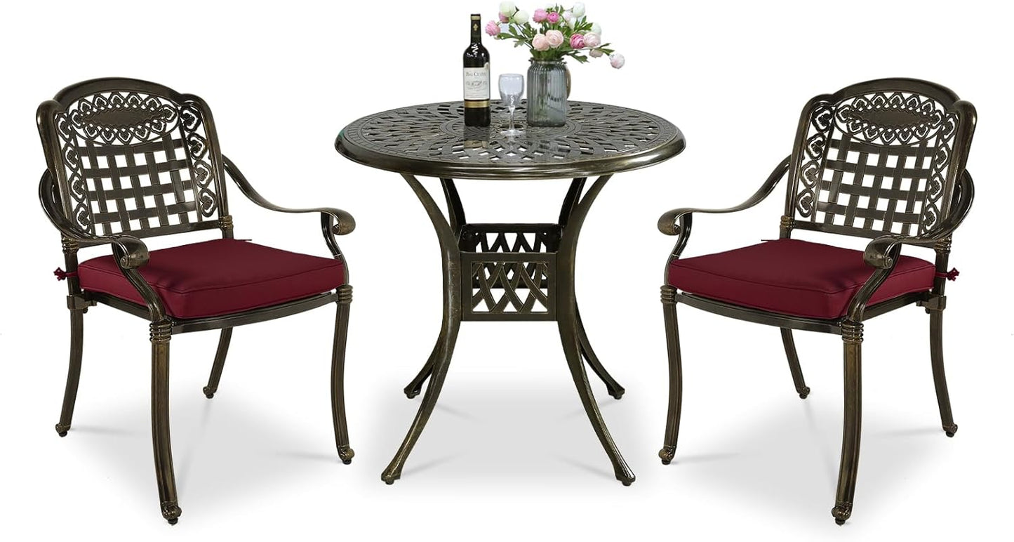 VIVIJASON 3-Piece Outdoor Patio Bistro Set, All-Weather Cast Aluminum Furniture Dining Sets Include 2 Cushioned Chairs and 31" Round Table w/Umbrella Hole for Balcony, Garden, Backyard, Red Cushion