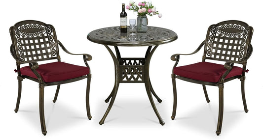 VIVIJASON 3-Piece Outdoor Patio Bistro Set, All-Weather Cast Aluminum Furniture Dining Sets Include 2 Cushioned Chairs and 31" Round Table w/Umbrella Hole for Balcony, Garden, Backyard, Red Cushion