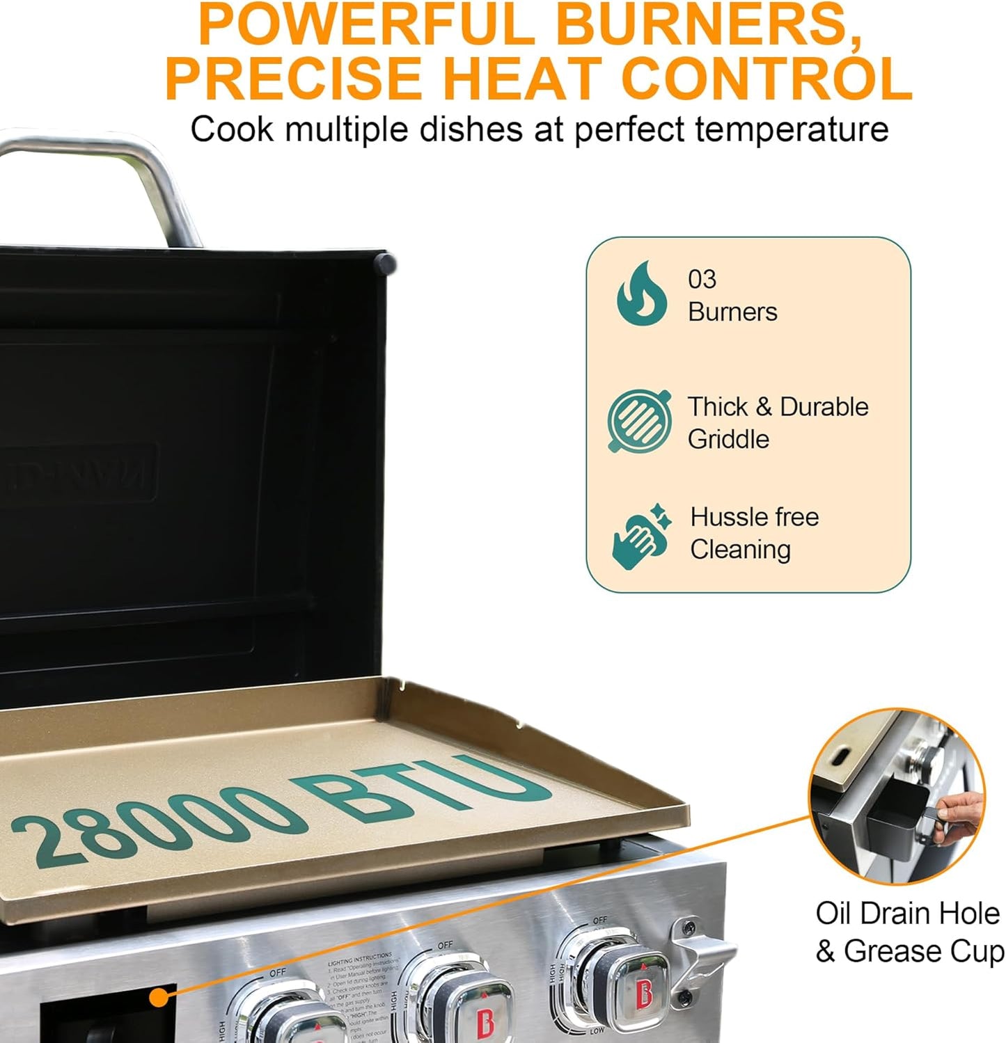 Brand-Man 3-Burner Portable Propane Gas Griddle with Lid - 28,000 BTU Flattop Griddle Grill, 504 Sq. In., Folding Side Tables, Rolling Cart for Outdoor BBQ, Camping, Patio