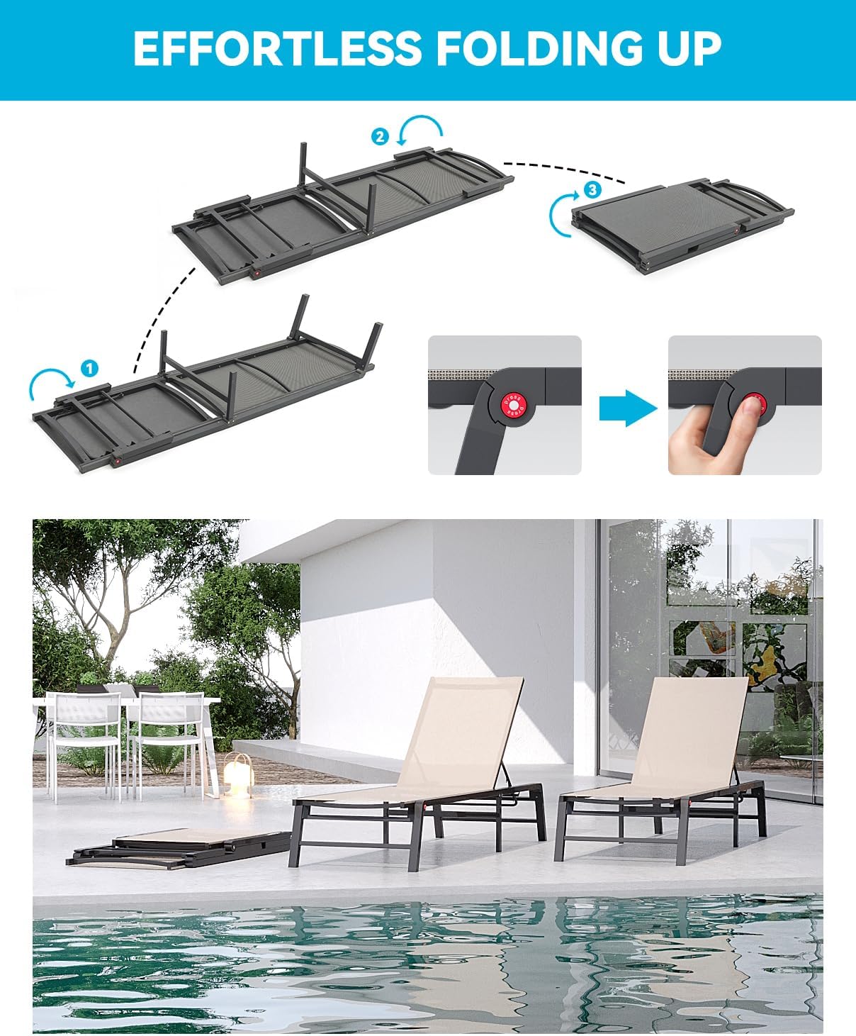 Aluminum Chaise Lounge Chair Outdoor, Foldable Patio Lounge Chair Assemble-Free, Pool Lounge Chairs with 5 Adjustable Backrest, Outdoor Lounge Chairs for Outside Poolside Beach Lawn Beige