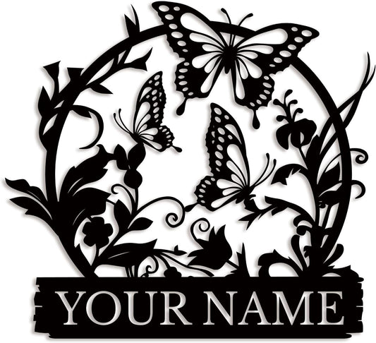Custom Butterfly Metal Sign,Personalized Butterfly House Number Signs,Personalized Gardener Name Sign,Garden Patio Wall Decor (Style-4)