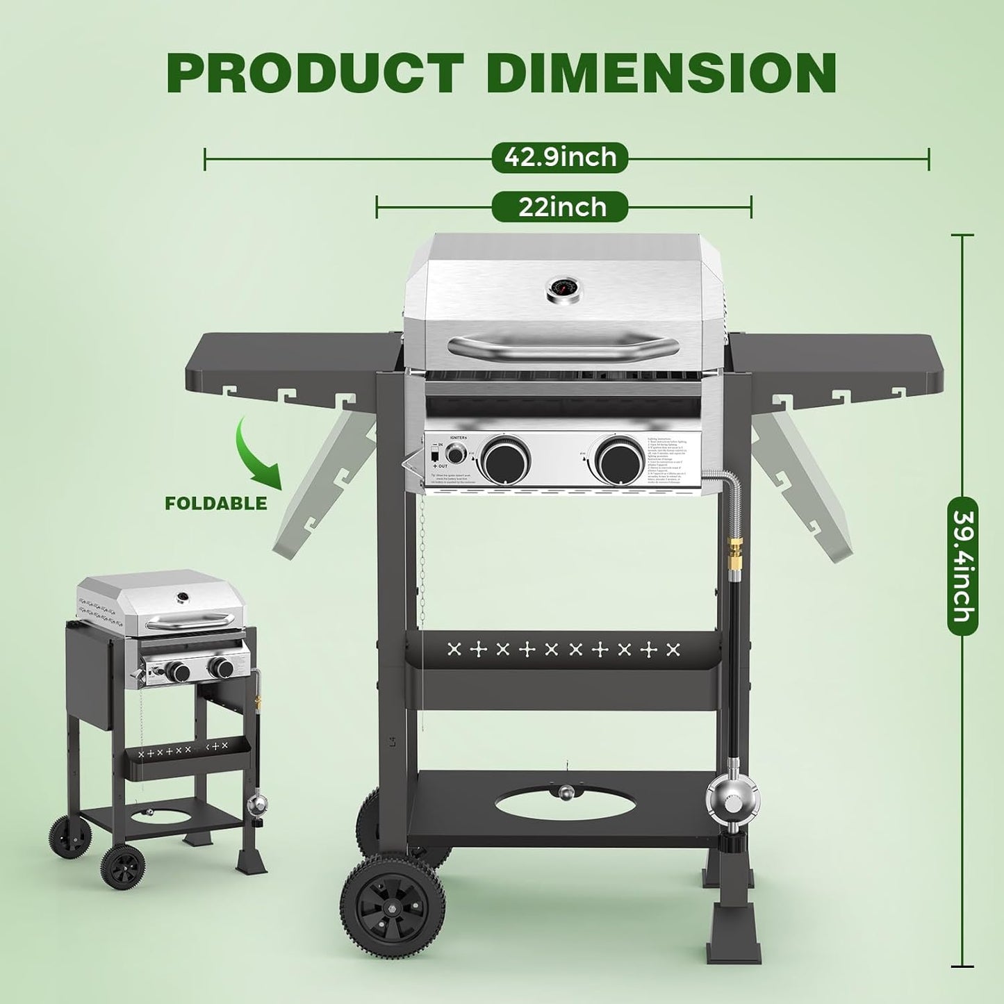 COWSAR 2-Burner Propane Gas Grill with Folding Side Tables,Stainless Steel 16,000 BTU BBQ Grill,Outdoor Grill for Barbecue,Patio,Camping