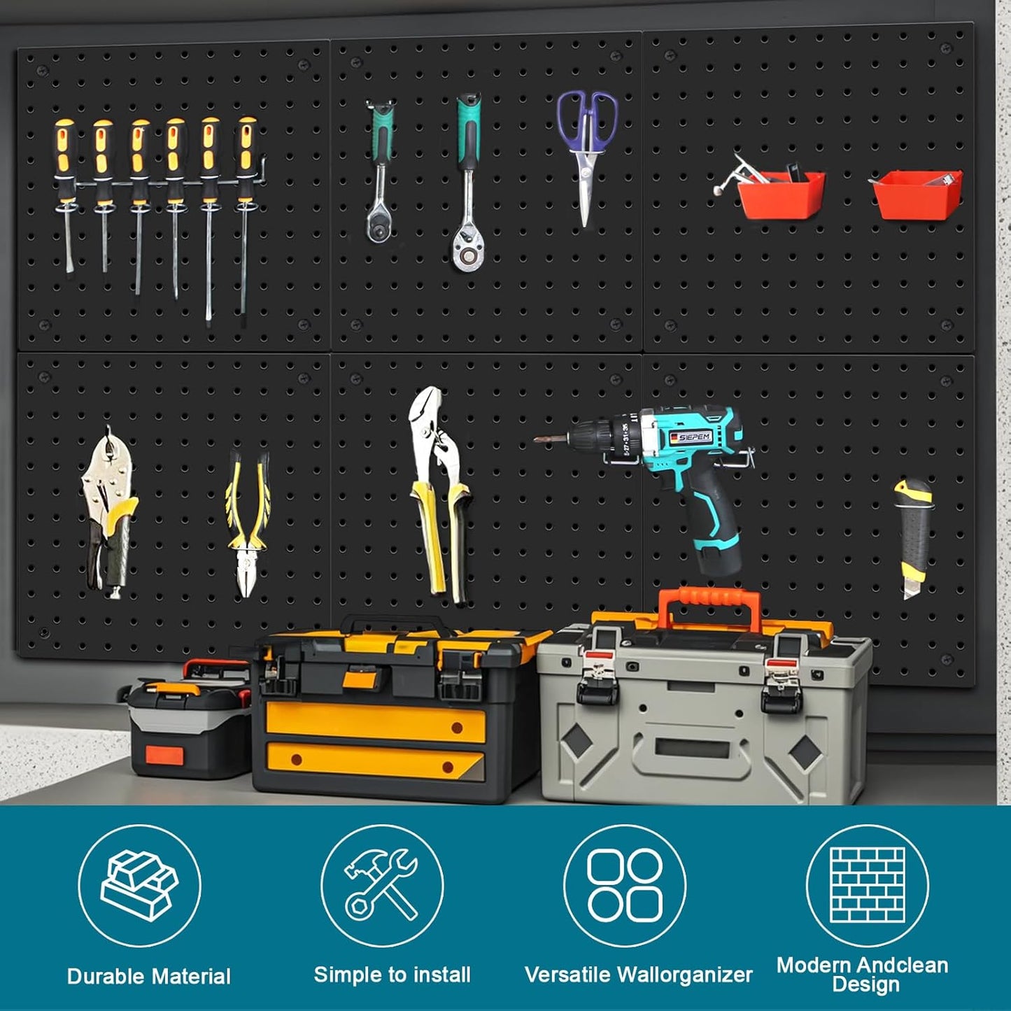 Peg Board,Steel Organization Panels, Ideal for Garage Tool Storage, Office Organization, Craft Room, Kitchen,Pack of 6(Black, 6-12X12)