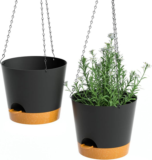 Hanging Planters for Indoor Outdoor Plants, 2 Pack Self Watering Hanging Pot with Drainage Holes and Plant Hangers, Hanging Baskets Flower Pots for Home Garden Decor (Black, 8 inch)