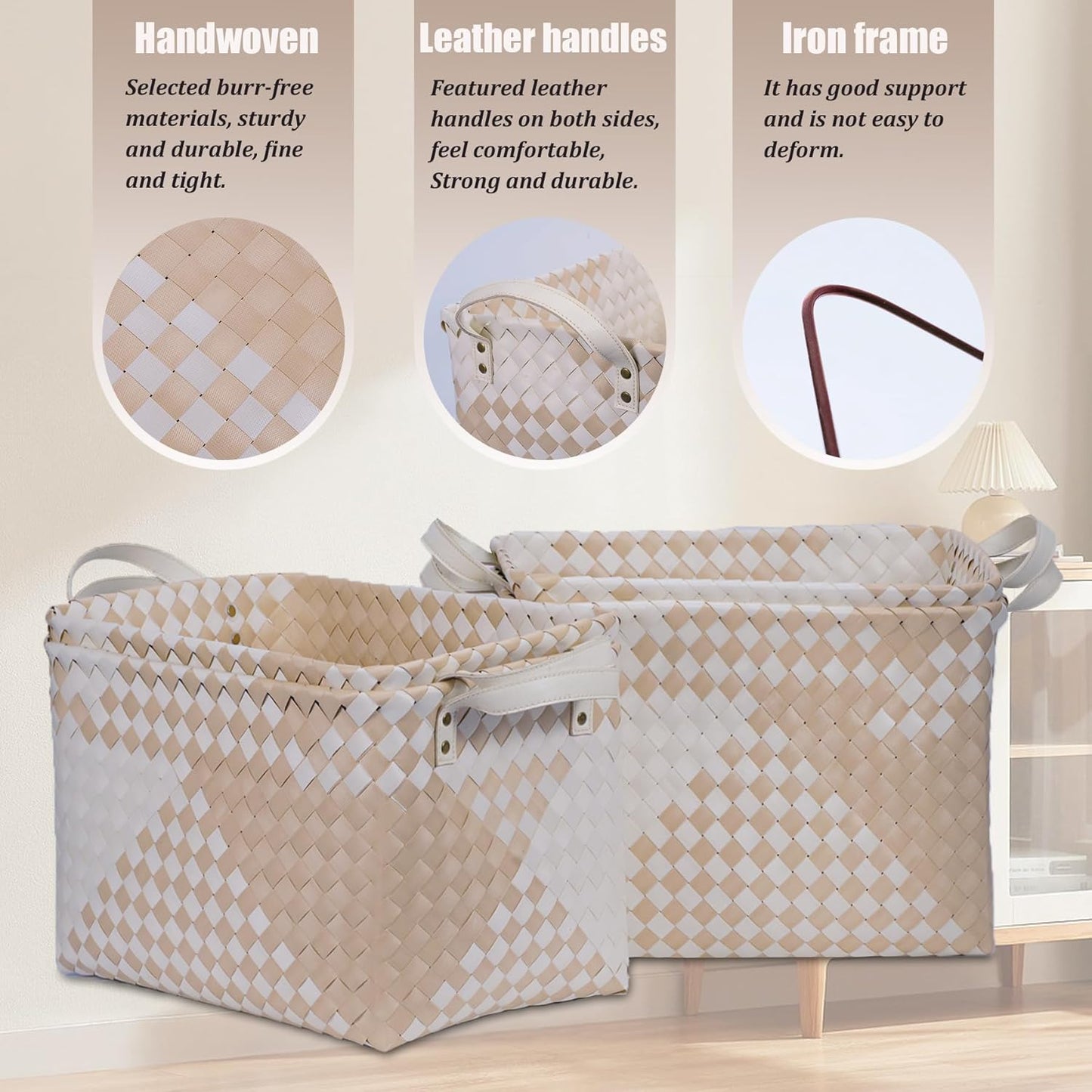 BROWNLILY Handwoven Clothes Basket Laundry Hampers Large Wicker Storage Baskets for Shelves Blankets Closet Storage Bins Car Bedroom Bathroom Organizers and Storage (Pack of 4, Khaki & Ivory White)