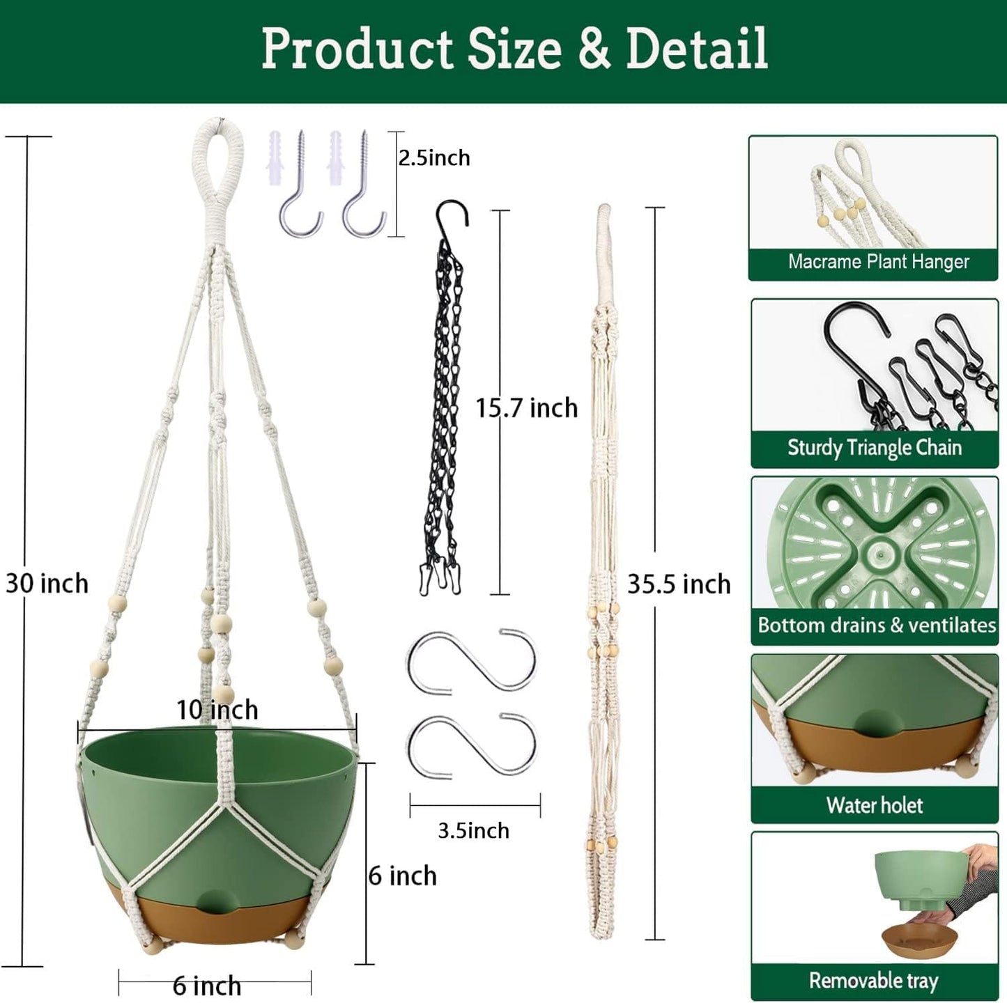 Hanging Planter Self Watering 10 Inch, 2 Pack Indoor Outdoor Hanging Baskets, Hanging Flower Pots with Drainage Hole & 2 Kinds of Plant Hangers for Garden Home Decor(Green)…