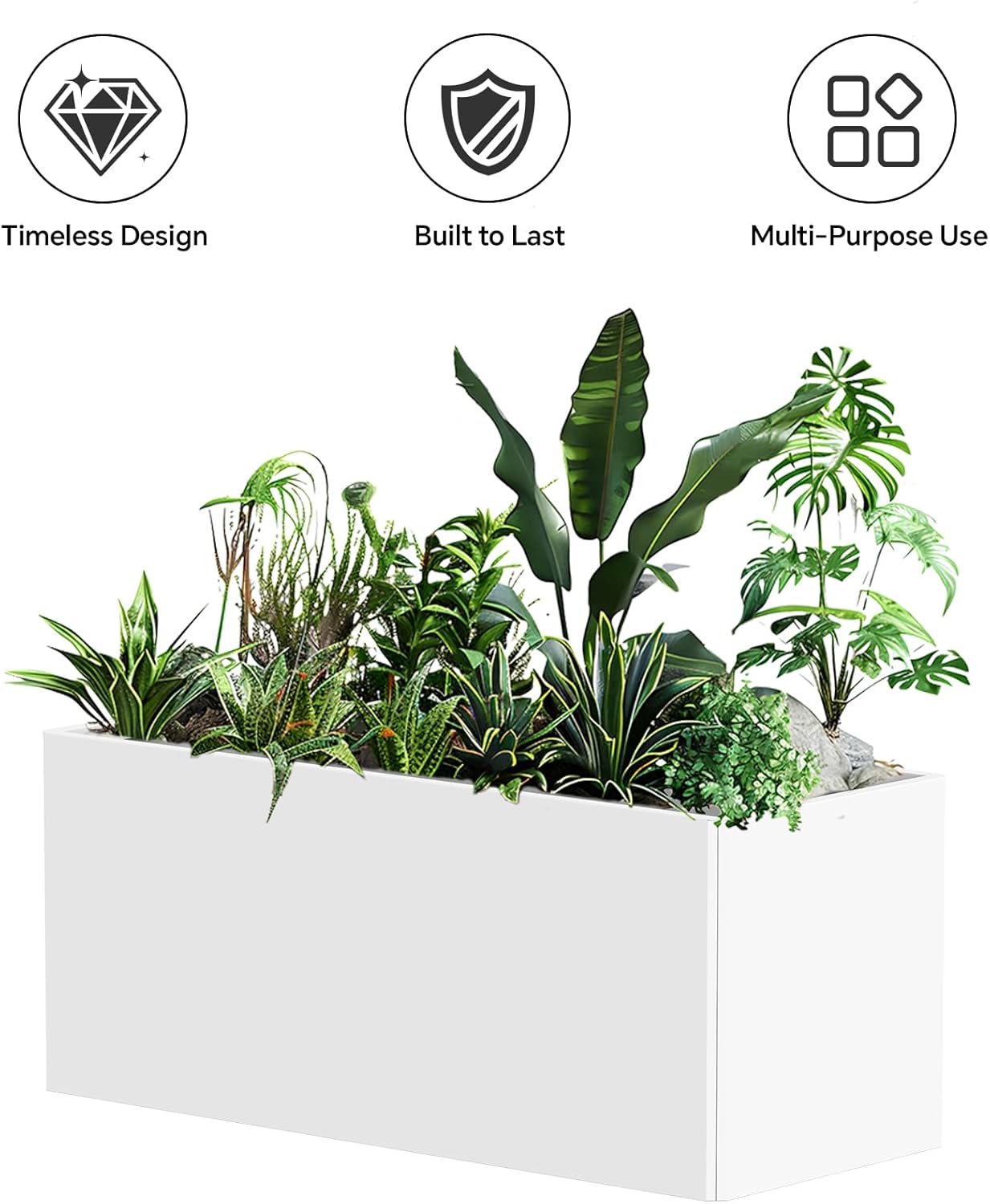 Outdoor Metal Planter Box - Heavy-Duty Rectangular Trough, All-Weather Rust-Resistant Design with 6 Drainage Holes | Large 36x15x15 Inch for Patio, Porch & Garden, White