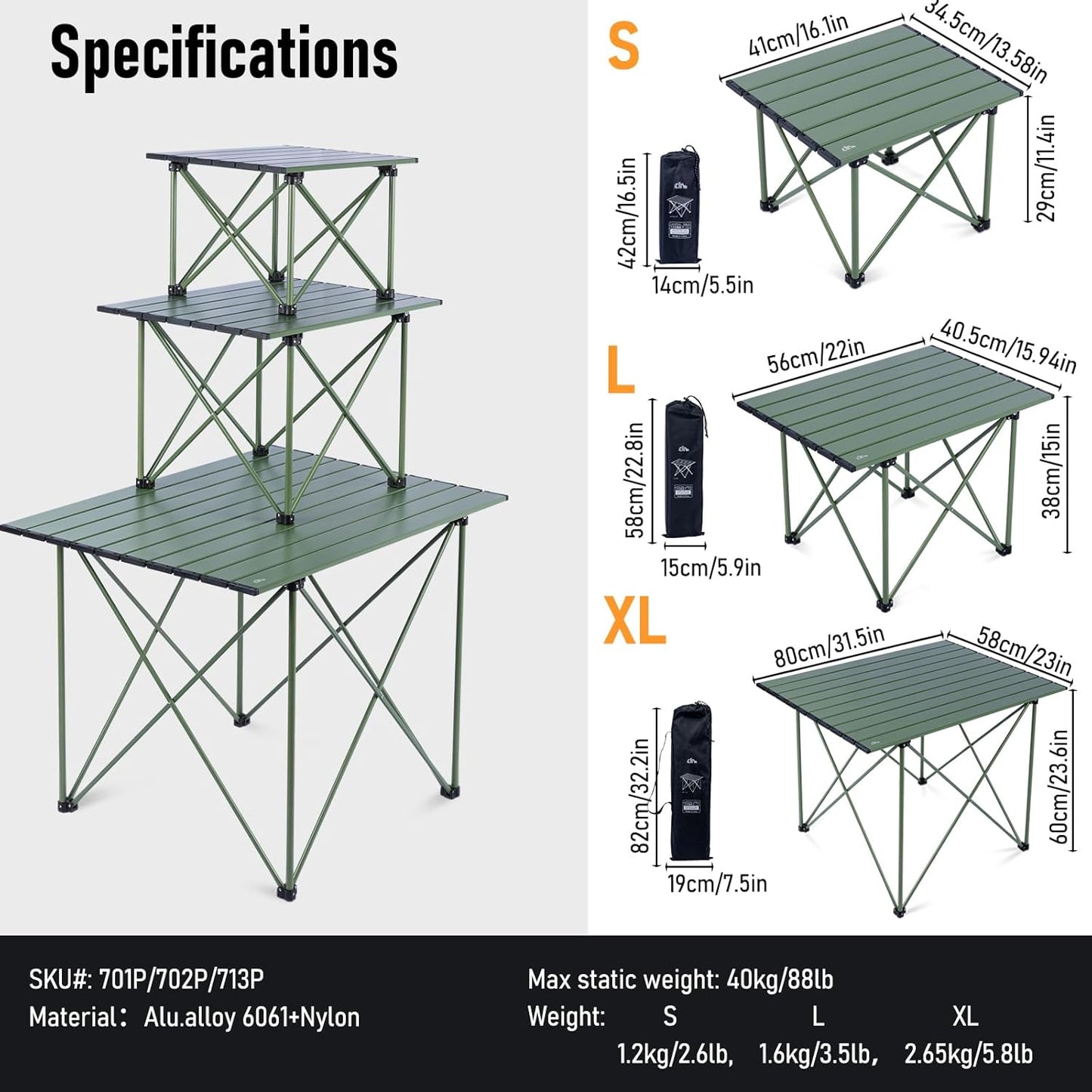 iClimb Ultralight Compact Camping Folding Table with Carry Bag (Reinforced Green - L)