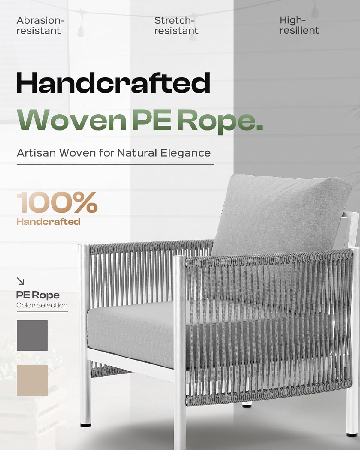 Aluminum Outdoor Sofa Armchair, HDPE Rope Patio Couch with Washable Thick Cushion, All-Weather Outdoor Patio Chairs Set of 2 for Balcony, Yard, Silver Frame, Silver