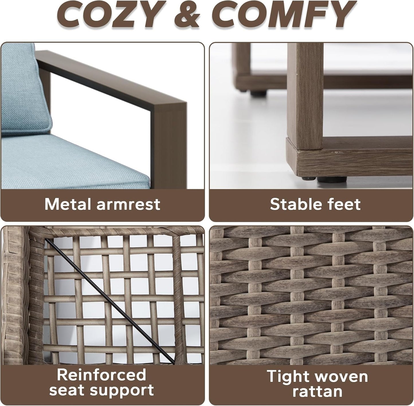 Outdoor Wicker Metal Chairs Set of 2 with Two Ottomans, 360 Degree Glider Rockers Armchairs, 4 Pieces Patio Bistro Set with Wood-Looking Metal Armrest for Poolside, Terrace, Baby Blue