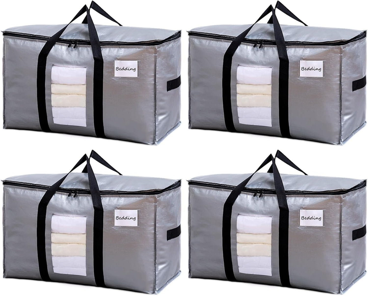 TAILI Extra Large Moving Bags, 4 Pack Silver Heavy Duty Totes For Storage with Visible Window, Wrap Around Handles, Space Saving Storage Bags for Moving Supplies, Alternative to Moving Boxes