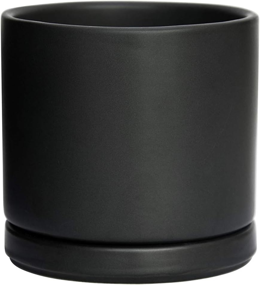 D'vine Dev Ceramic Planter Pot with Drainage Hole and Saucer, Indoor Cylinder Round Flower Pot, 4.6 Inch, Black, 94-O-B-2