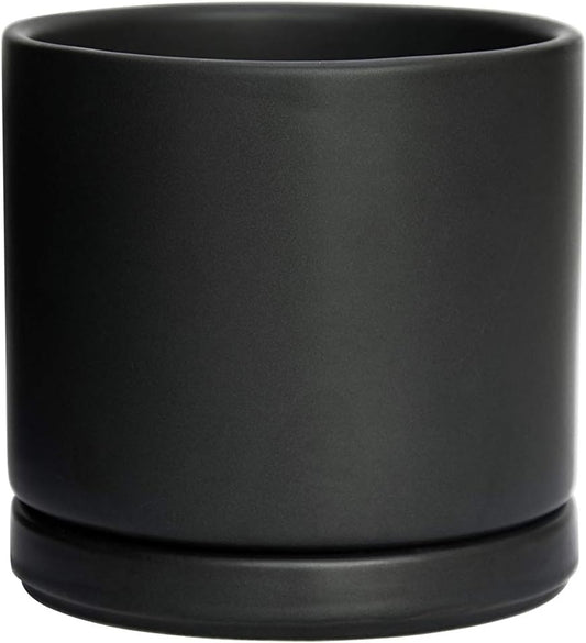 D'vine Dev Ceramic Planter Pot with Drainage Hole and Saucer, Indoor Cylinder Round Flower Pot, 4.6 Inch, Black, 94-O-B-2