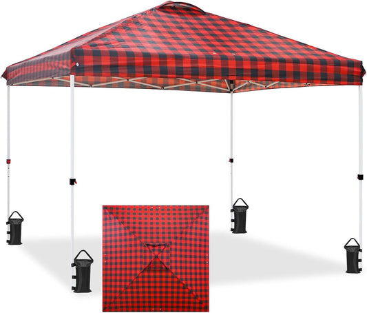 EAGLE PEAK Pop Up Canopy Tent with Wheeled Carry Bag, 8 Stakes, 4 Ropes, 4 Weight Bags, Easy Set Up Tent Canopy, 10x10 ft, 100sqft of Shade, Red Plaid