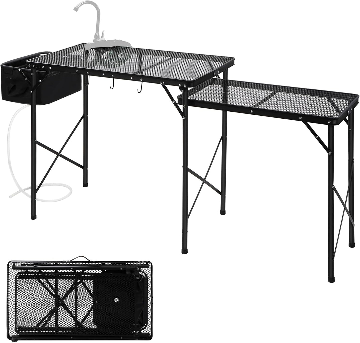 RedSwing Folding Grill Table with Sink and Double Shelf, Multifunctional Portable Grill Stand Table for Outdoor Camping Picnic BBQ, 69 x20 x31.5 Inches, Black