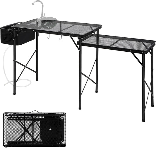RedSwing Folding Grill Table with Sink and Double Shelf, Multifunctional Portable Grill Stand Table for Outdoor Camping Picnic BBQ, 69 x20 x31.5 Inches, Black