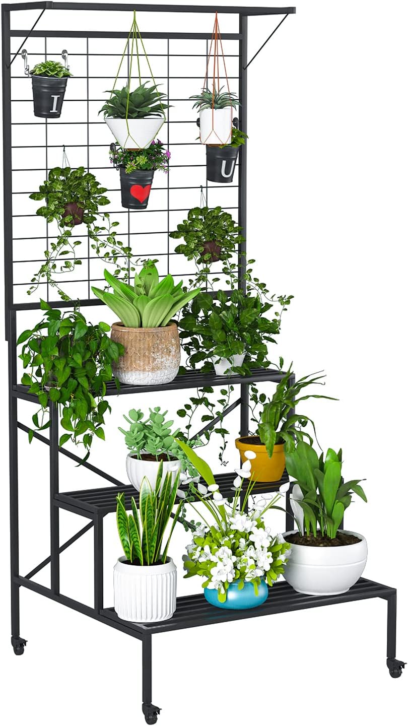 Zhongma 3 Tier Large Heavy Duty Plant Stand with wheels, Tall multi layer Plant Holder with Hanging Plant pot shelf, 35.43 x 33.27 x 80.7inch, Each Tier: 35.43 L x 10.5W, Easy to Hold Large Plant Pot