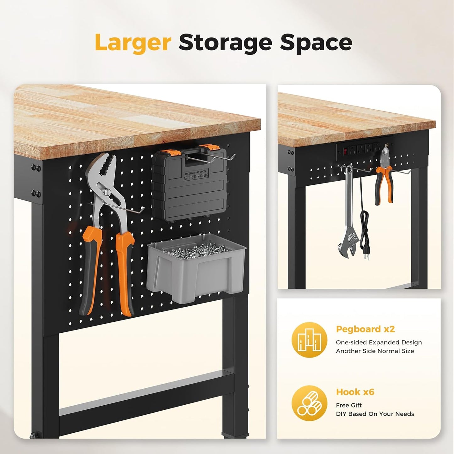 60" Adjustable Heavy Duty Workbench, 2000 LBS Load Capacity Rubber Wood Work Table with Pegboard, Power Outlets, Work Bench for Garage, Workshop, Office, Home, Commercial