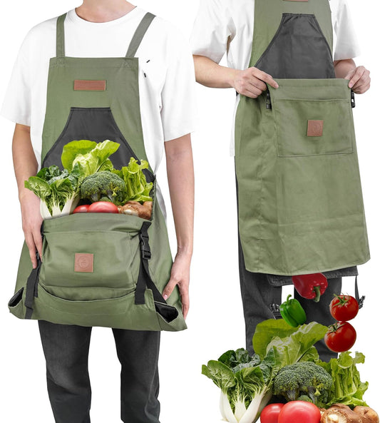 Berry&Bird Harvest Apron, Canvas Gardening Apron with Pockets and Harvesting Pouch Waterproof Harvesting Apron