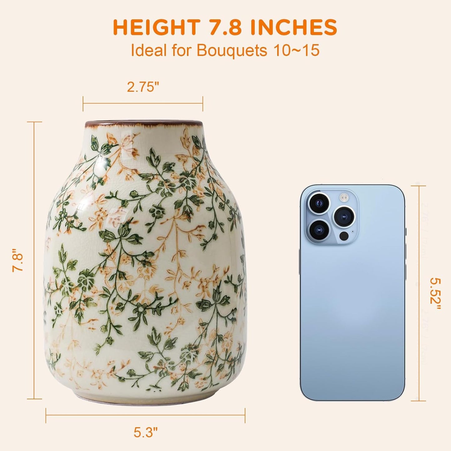 Rustic Vintage Ceramic Vase, 7.8 inch Beige and Green Decorative Vase, Aesthetic Farmhouse Pottery Vase for Home Decor, Living & Dining Room, Bookshelf, Office, TV Stand Table Decor