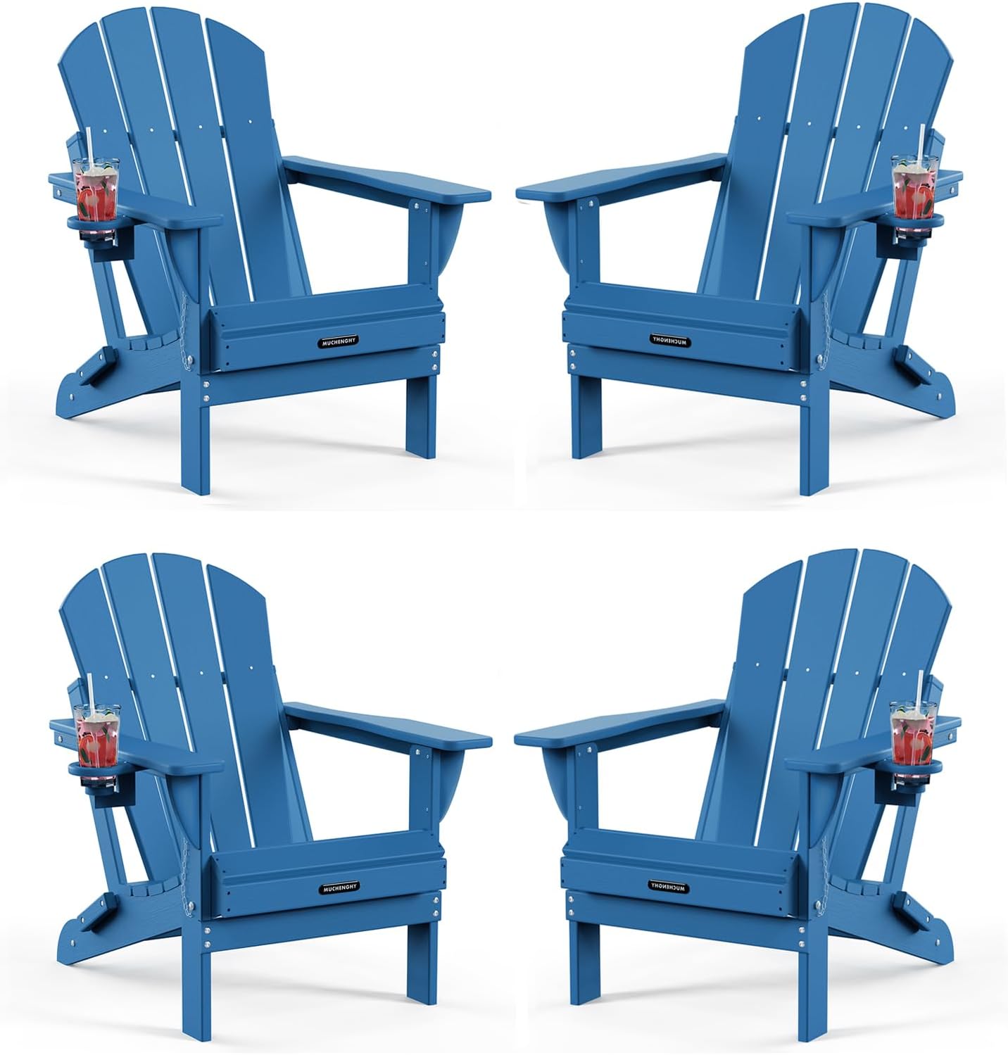 MUCHENGHY Folding Adirondack Chairs HDPE Weather Resistant 4 Pack, Patio Firepit Chairs, Sturdy Outside Chair, Lawn Chairs, 15min Assembly 380lb, Royal Blue