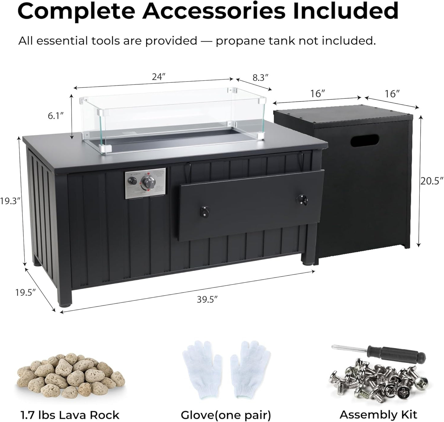 KOL 50,000 BTU Propane Fire Pit Table with Cabinet-39.5in Black Gas Fireplace with Glass Wind Guard & Lid, Outdoor Rectangular Cold Rolled Plate Plastic Spraying Firepits for Patio, Backyard, Balcony