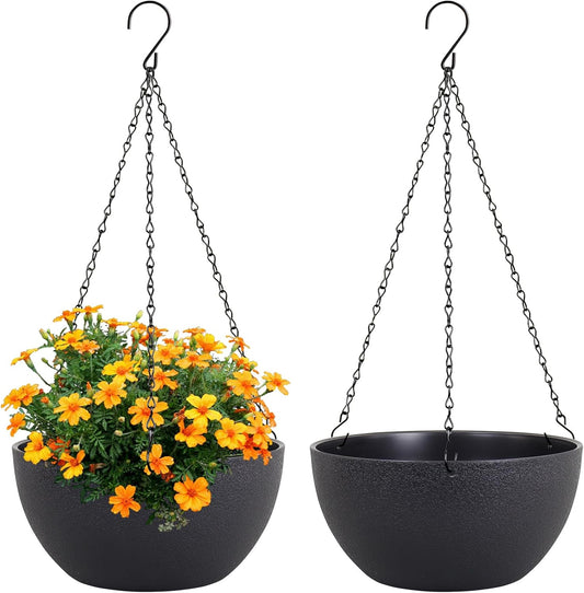 8 inch Small Hanging Planters Plant Pots for Indoor Outdoor Plants, 2 Pack Hanging Flower Pots with Drainage Holes and Chain for Garden Porch, Plastic Hanging Baskets for House Plants, Black