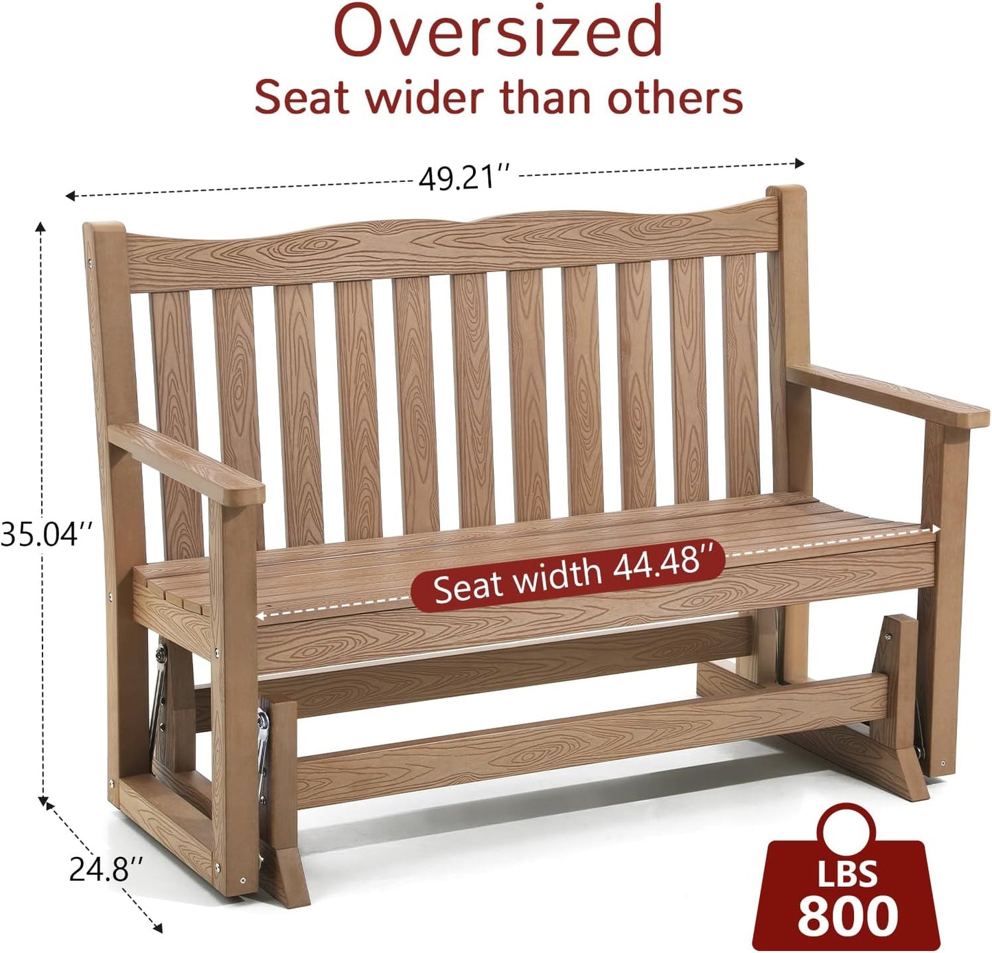 Stoog All-Weather Outdoor Glider Bench, Waterproof 2 Person HIPS Patio Glider with 800 lbs Weight Capacity, Never Fade or Rot, for Backyard, Garden, Porch, Deck, and Pool, Teak