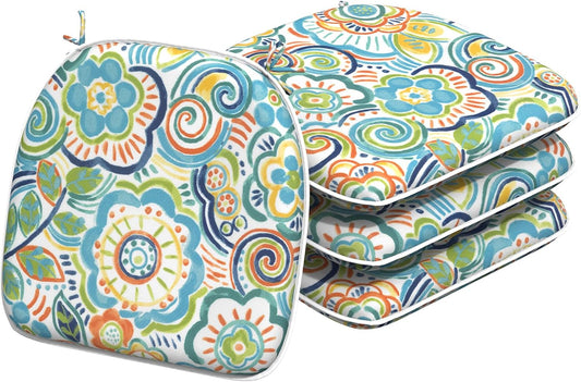 Indoor/Outdoor Chair Cushions 16x17 Inch, Patio Chair Cushions with Ties, All Weather Seat Cushions for Patio Furniture Home Garden Chair Use, Set of 4, Flower Blue