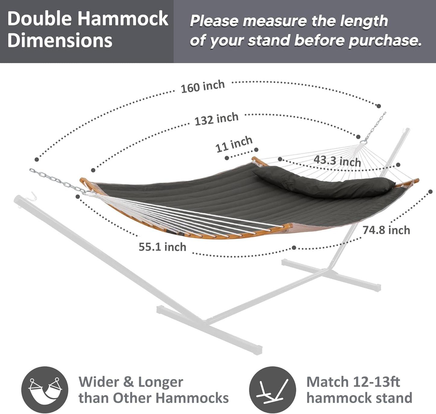 SUNCREAT Portable Double Hammock with Curved Spreader Bar, 450 lbs Capacity, Heavy Duty Outdoor Hammock with Outer Bag, Dark Gray