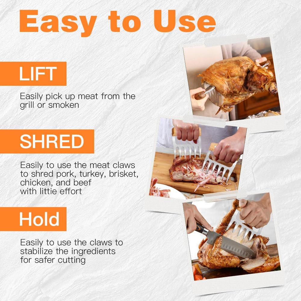 2 PCS Meat Shredder Claws, Stainless Steel Meat Claws, Metal Pulled Pork with Handle Turkey Pork Chicken Shredder Tool Accessories for Men Grilling Cooking BBQ Serving