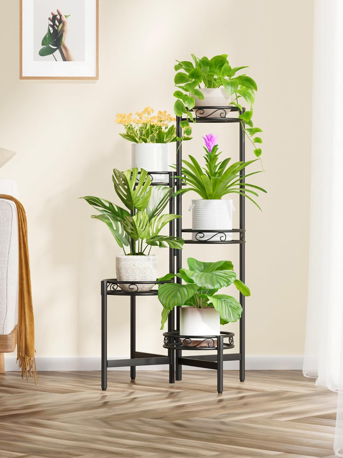 Metal Plant Stand Indoor Outdoor, 5 Tier 5 Potted Multiple Plant Shelf Stands, Wrought Iron Flower Holder Shelf, Folding Tall Rack Shelf for Patio, Balcony, Corner Living Room - BlackCircle