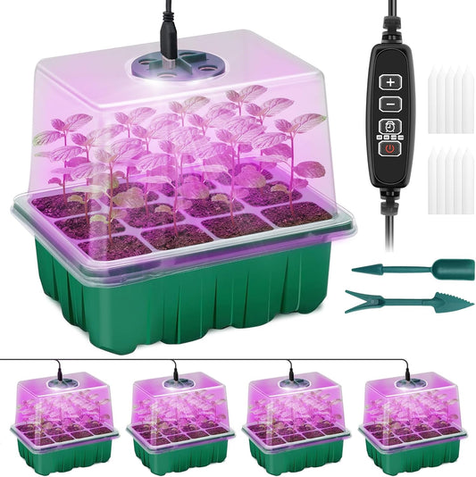 Seed Starter Tray with Plant Light, 4 Pack Grow Lights for Seed Starting Kit with Humidity Domes, Timing Controller Adjustable Brightness for Greenhouse Propagator Station Planting Growing