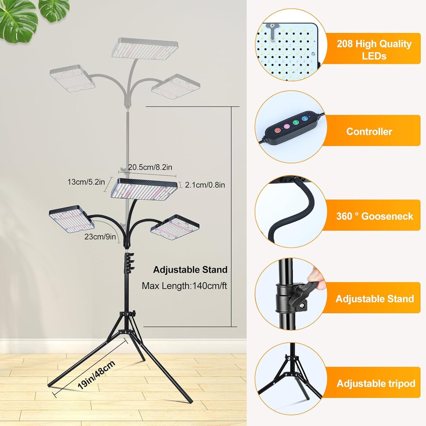3-Head Grow Light with Stand 75W, FECiDA 2025 Grow Lights for Indoor Plants, Full Spectrum LED Plant Grow Light for Houseplants, Bonsai Tree, 4,8,12,16 Hr Timer and 360° Gooseneck