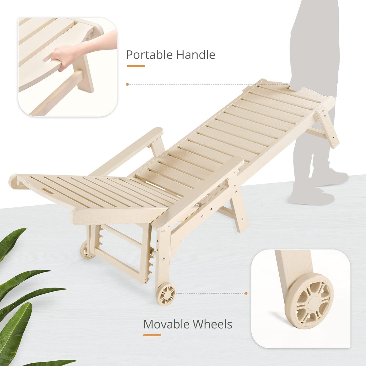 LUE BONA Chaise Lounge Chairs Set with Table, 6-Piece, 79'' Oversized HDPS Chaise Lounger, 5 Positions Adjustable Patio Lounge Chairs, Pool Lounge Chair with Wheels for Poolside, 3-Year Warranty, Sand