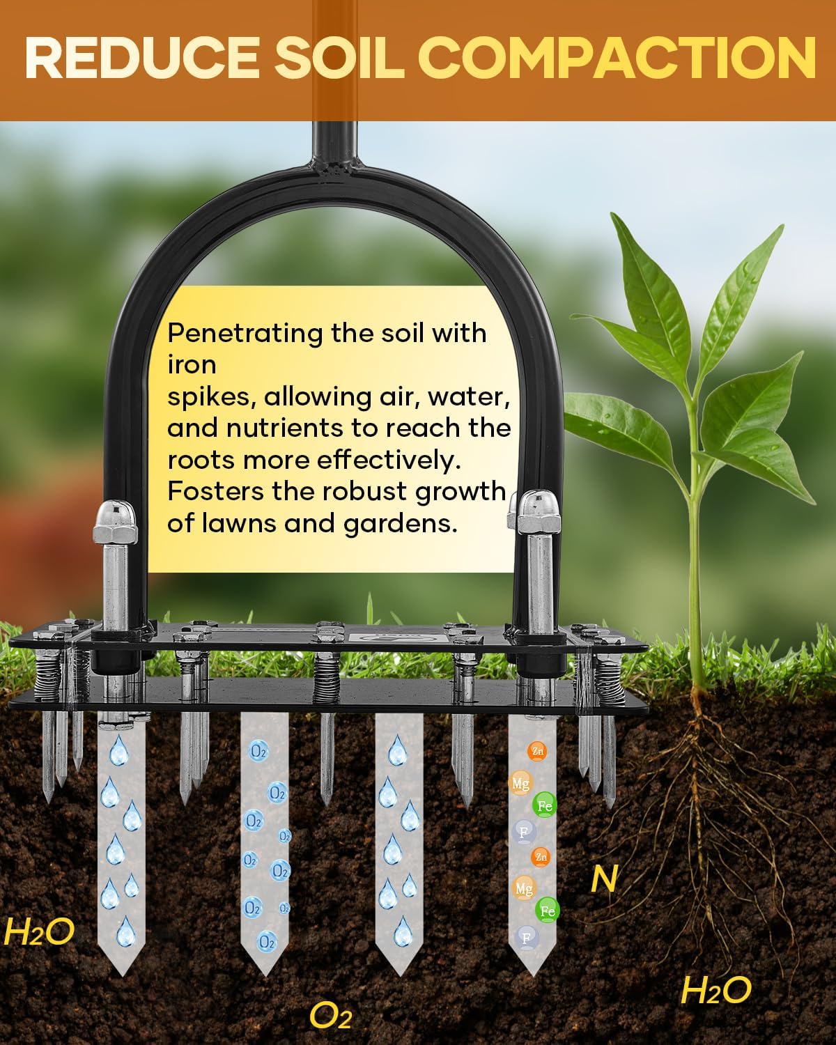 Saker Lawn Aerator Tool, Lawn Aerator with 15 Iron Spikes, Automatic Leaf and Dirt Cleaning with Spring-Loaded Design, Metal Manual Aerator for Loosening Soil Aerating Patio, Yard, Garden Black