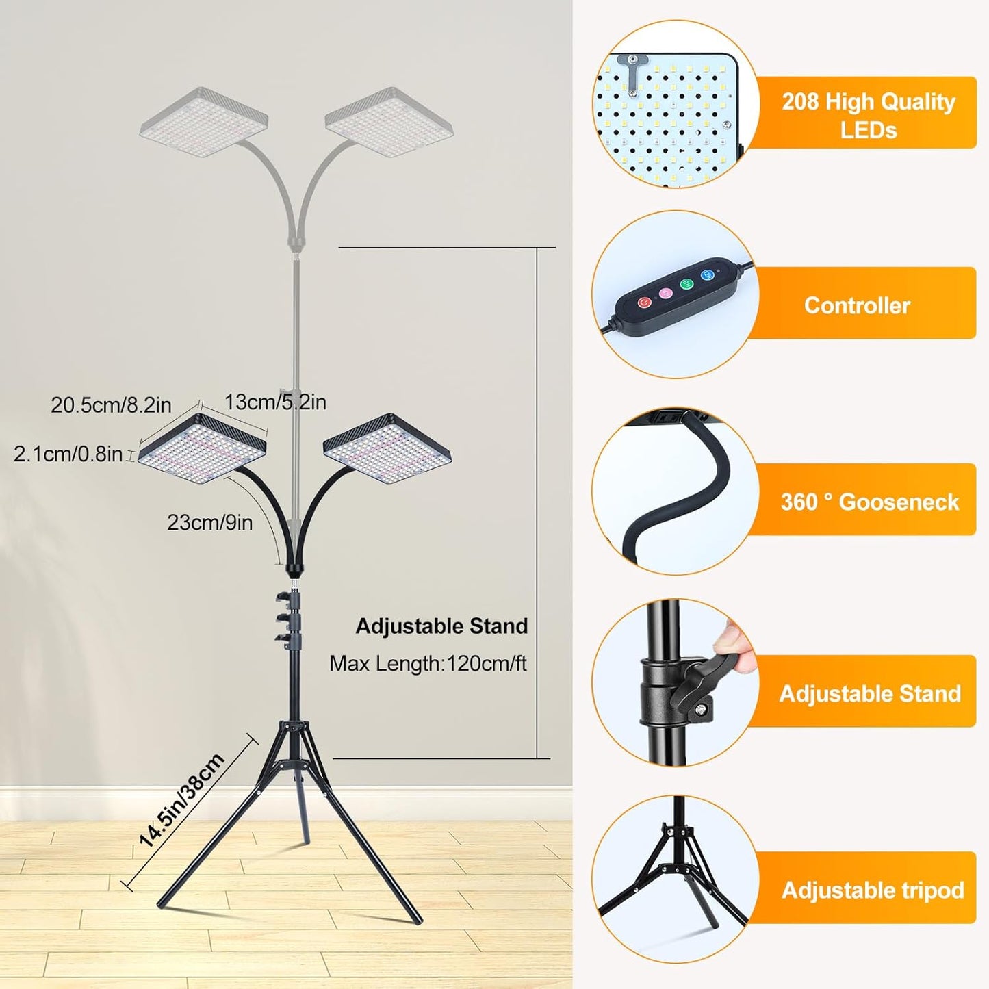 2-Head Grow Light with Stand 50W, FECiDA 2025 Grow Lights for Indoor Plants, Full Spectrum LED Plant Grow Light for Houseplants, Bonsai Tree, 4,8,12,16 Hr Timer and 360° Gooseneck