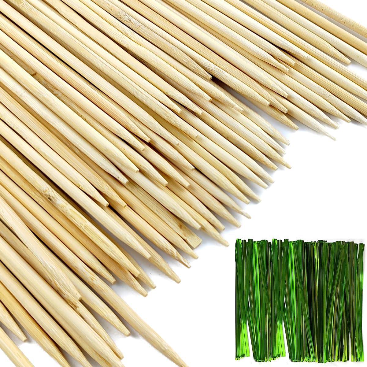 TIHOOD 100PCS 18" Wooden Garden Stakes with 100PCS 4" Garden Ties, Green Bamboo Sticks, Floral Plant Support, Tomato Stakes (Natural)