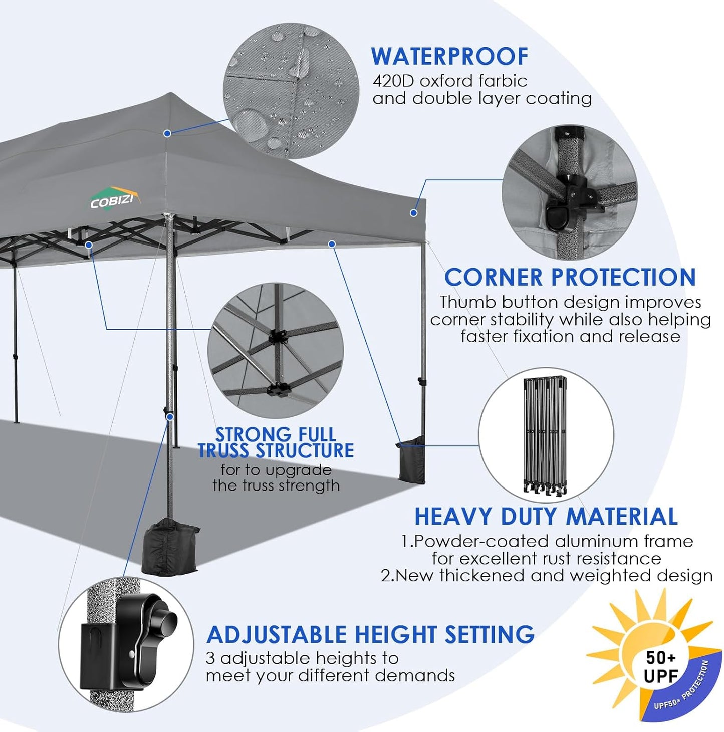 COBIZI 10x30 Pop up Canopy, Heavy Duty Outdoor Party Tents for Parties, Ez up UPF 50+ Waterproof Commercial Canopy with Wheeled Bag can fold, Gray(Windproof Upgraded)