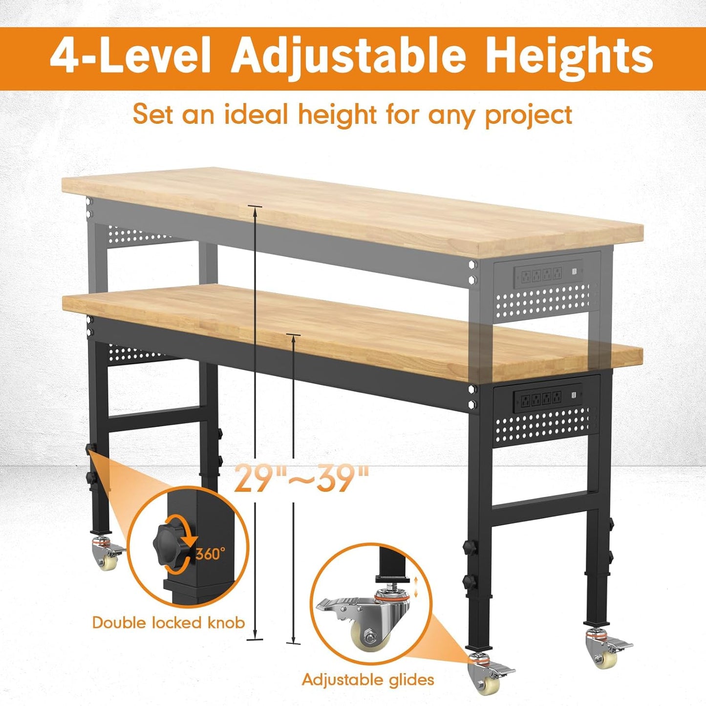 70" Heavy Duty Solid Wood Work Bench with Pegboard, Adjustable Height Workbench with Wheels and Power Outlets, 2000 LBS Capacity Work Table for Garage, Workshop, Office, Home
