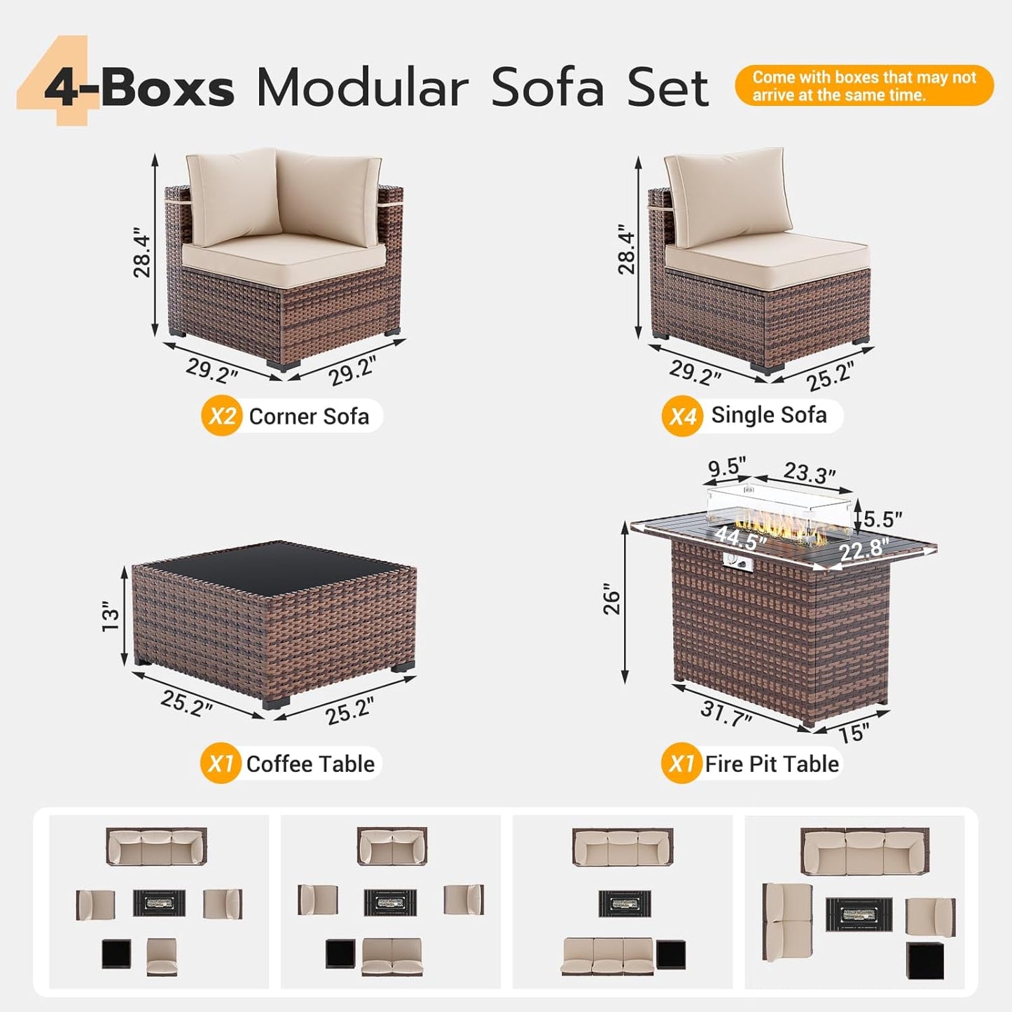 UDPATIO Patio Furniture Set with Fire Pit Table, 8 Piece Outdoor Sectional Modular Sofa, Wicker Outdoor Furniture Conversation Sets with Waterproof Cover for Backyard Deck(Brown/Khaki)