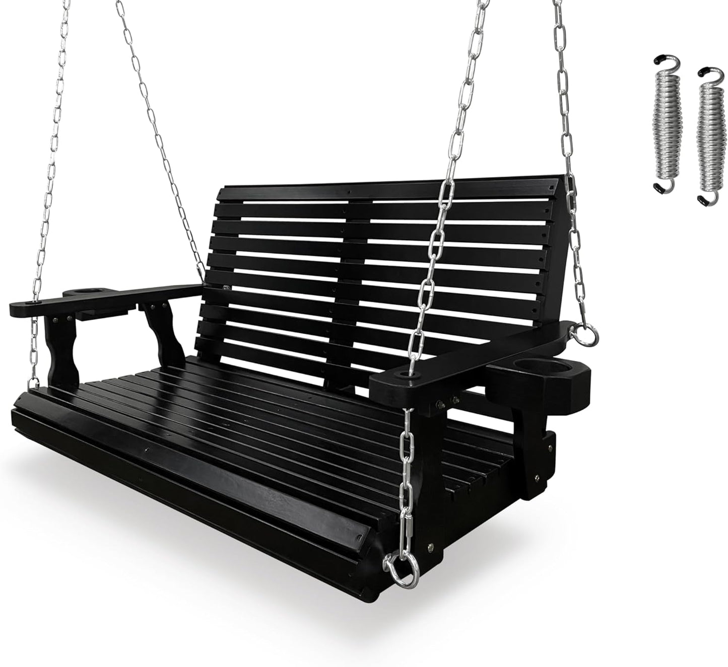 Wooden Porch Swing 2-Seater, High Backrest and Deep Seat, Bench Swing with Cupholders, Hanging Chains and 7mm Springs, Heavy Duty 880 LBS, for Outdoor Patio Garden (Carbon Black - 4 FT Extra Large)