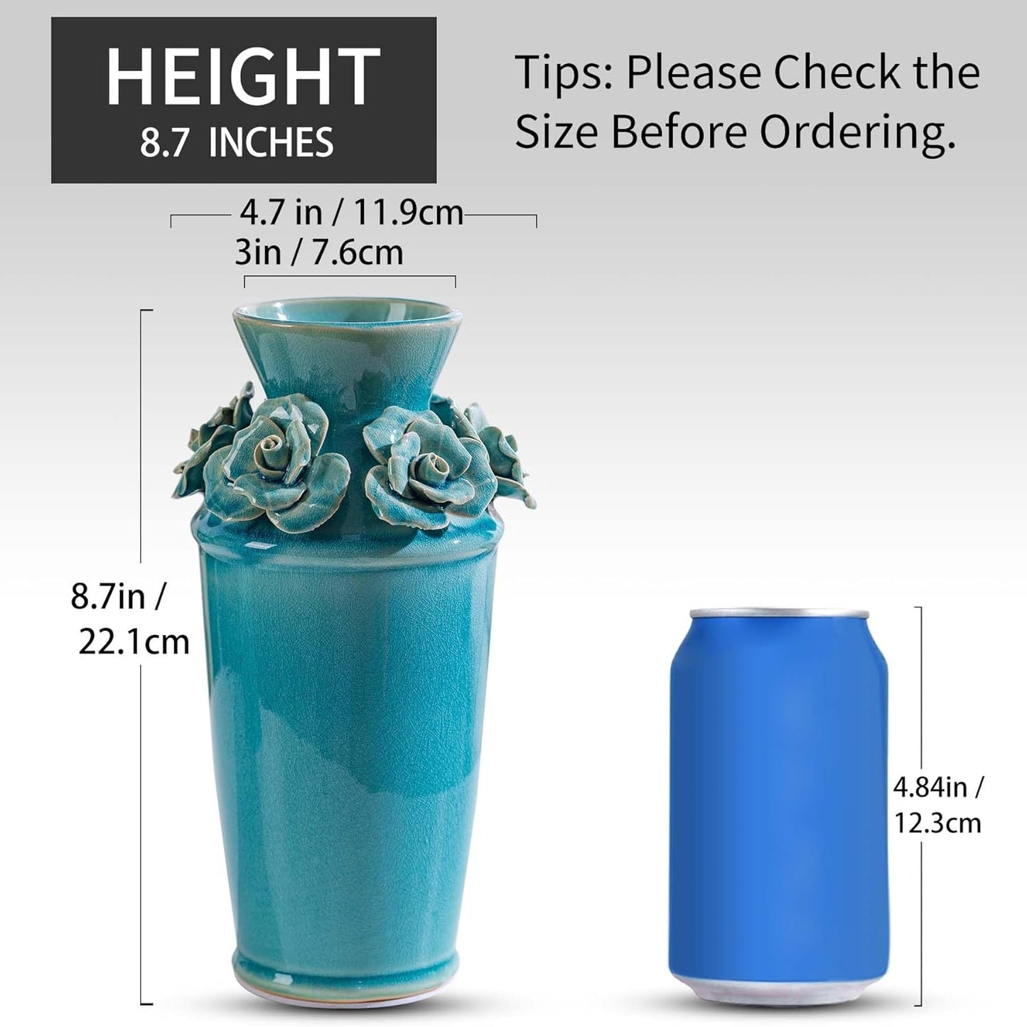 Handmade 3D Ceramic Flower Blue Bud Vase for Centerpieces, Decorative Blue Flower Vases for Wedding Reception, Home Decor, Living Room, Cottage Core Decor, Jarrones Decorativos para Sala 8.7 Inch