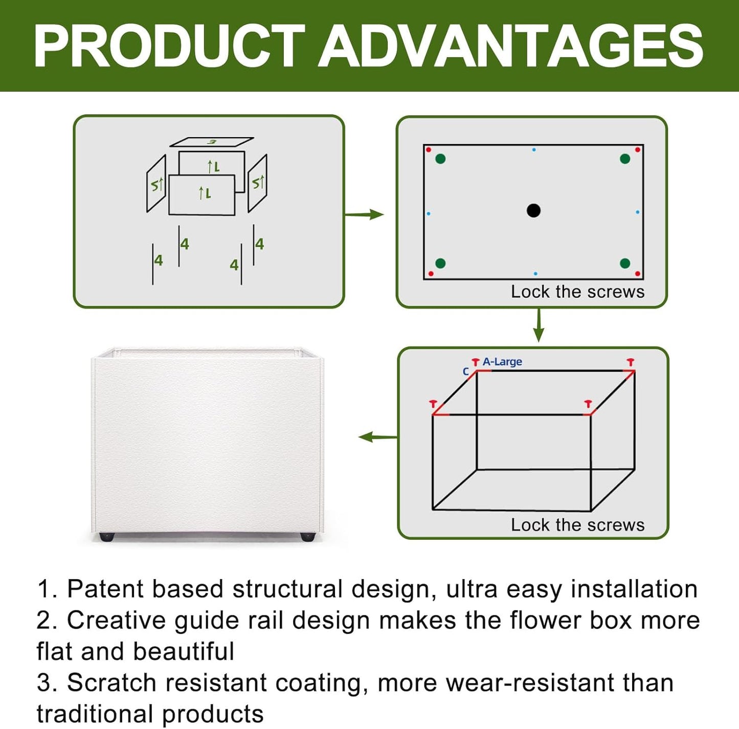 Planter Box Rectangular Block - 16×12×12IN Galvanized Steel Metal Long Box Planter Easy Installation Modern Outdoor Tall Planters All-Weather Use with Drainage Holes for Patio/Porch(White)