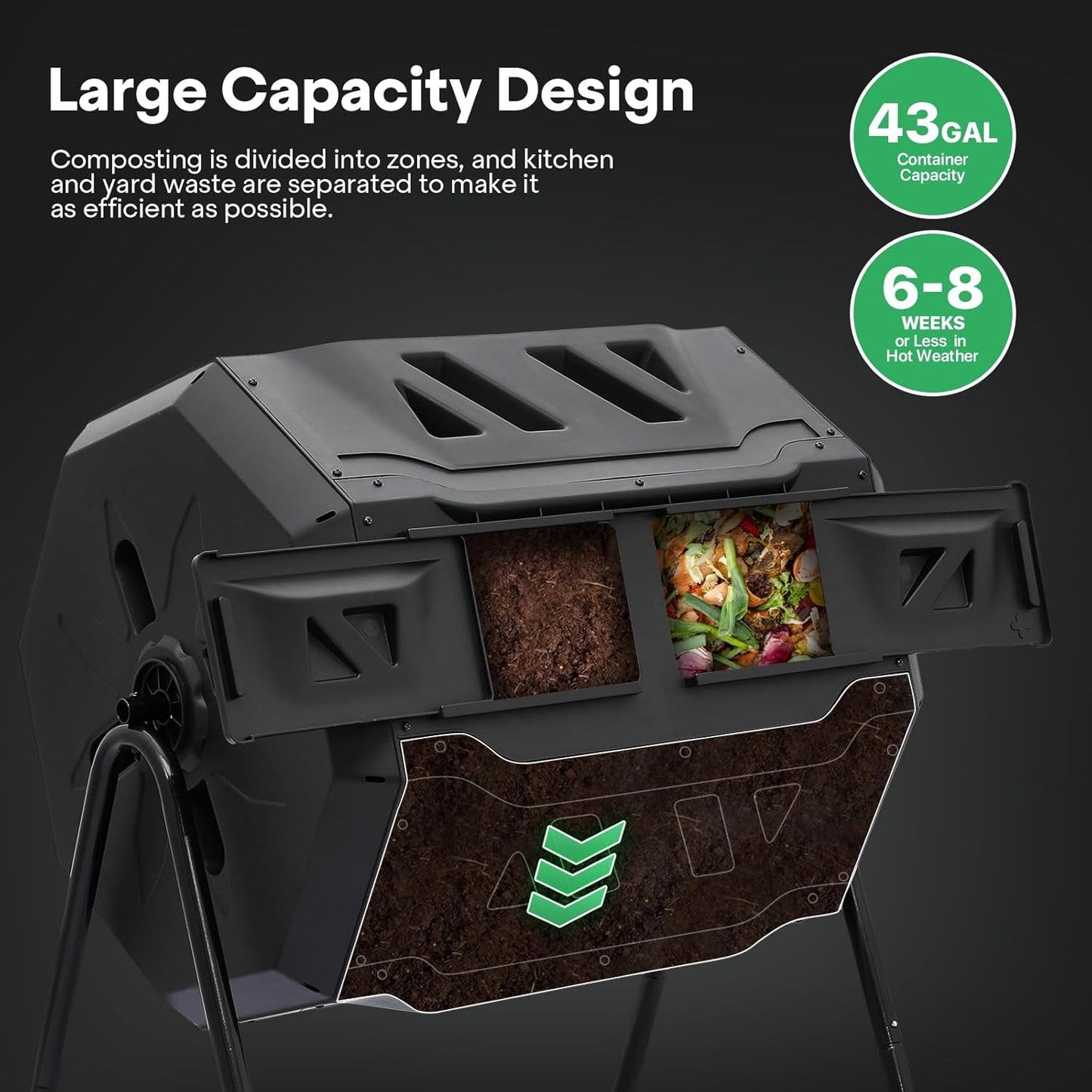 Athena Collection Compost Tumbler, 2 X 21.5 Gallons Dual Composter Chamber Outdoor, Easy Turn & Fast Rotating Compost Bins with 2 Sliding Doors, Easy Assembly, for Garden, Yard and Outdoor Use